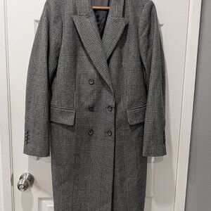 ZARA Woman Gray Plaid Double-Breasted Coat – Size XL, Tailored Long Wool-Blend